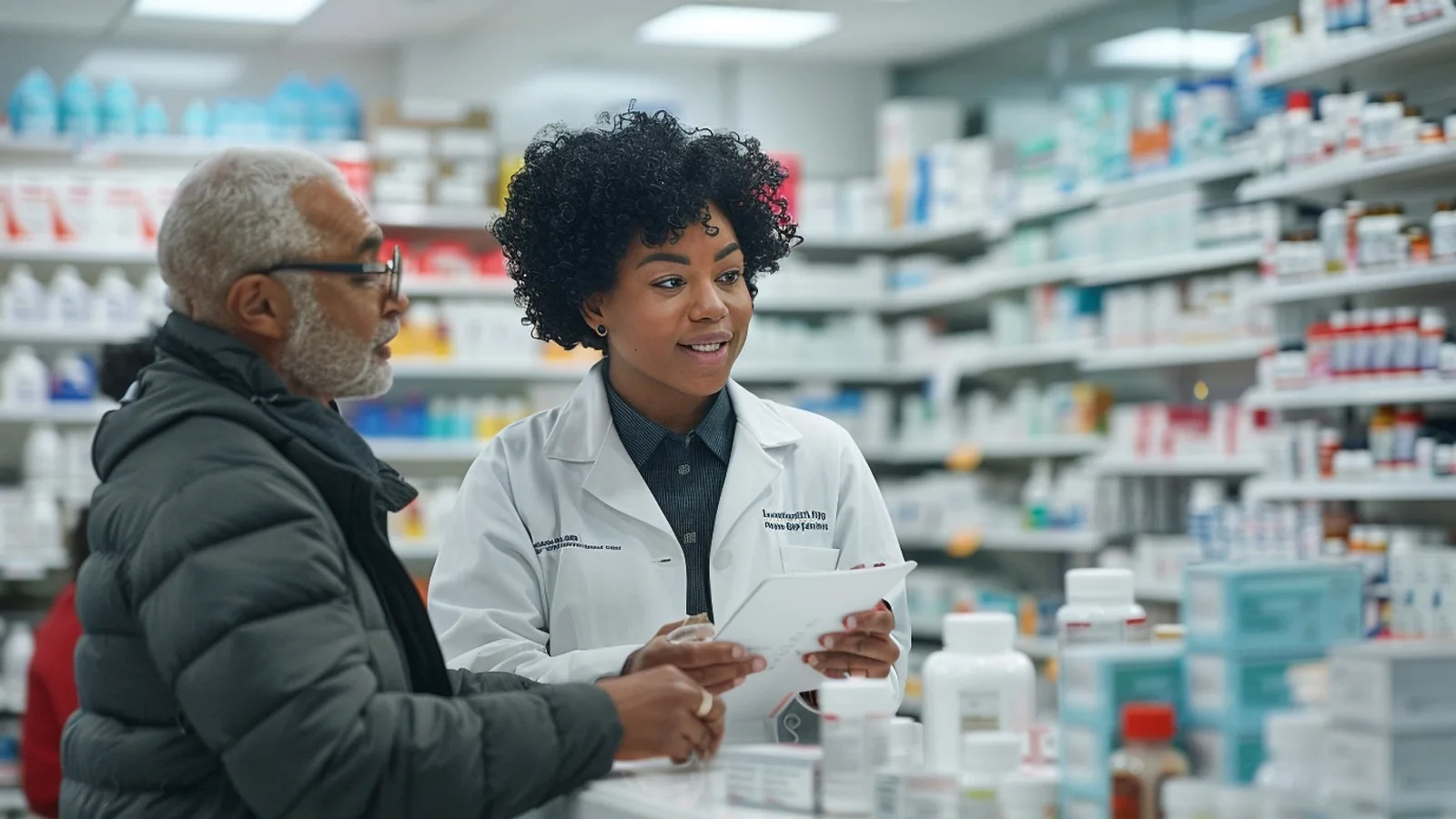 Pharmacist advising a customer at the dispensing counter